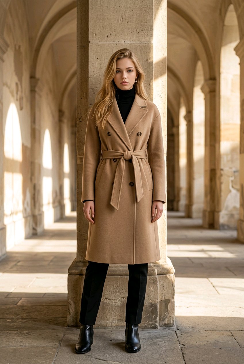 Ladies Evening Coat Camel Wool-Cashmere Double Breasted