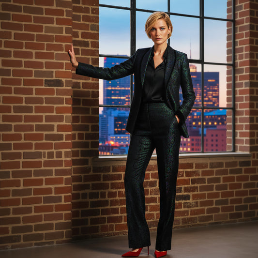Ladies Green and black jacquard  suit standing in front of a large window with a cityscape view.