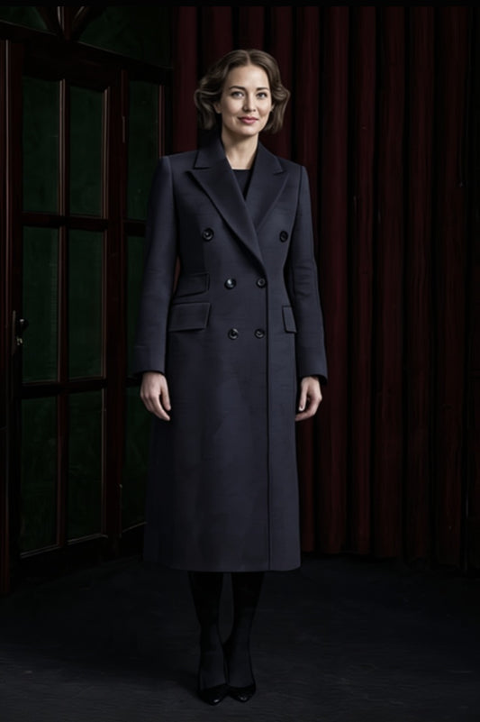 Woman wearing a dark coat standing against a dark background