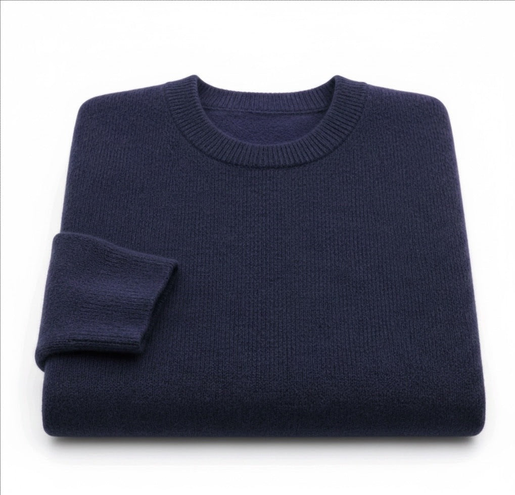 Ladies Navy Crew Neck 10% Cashmere 90% Wool Plain Knit
