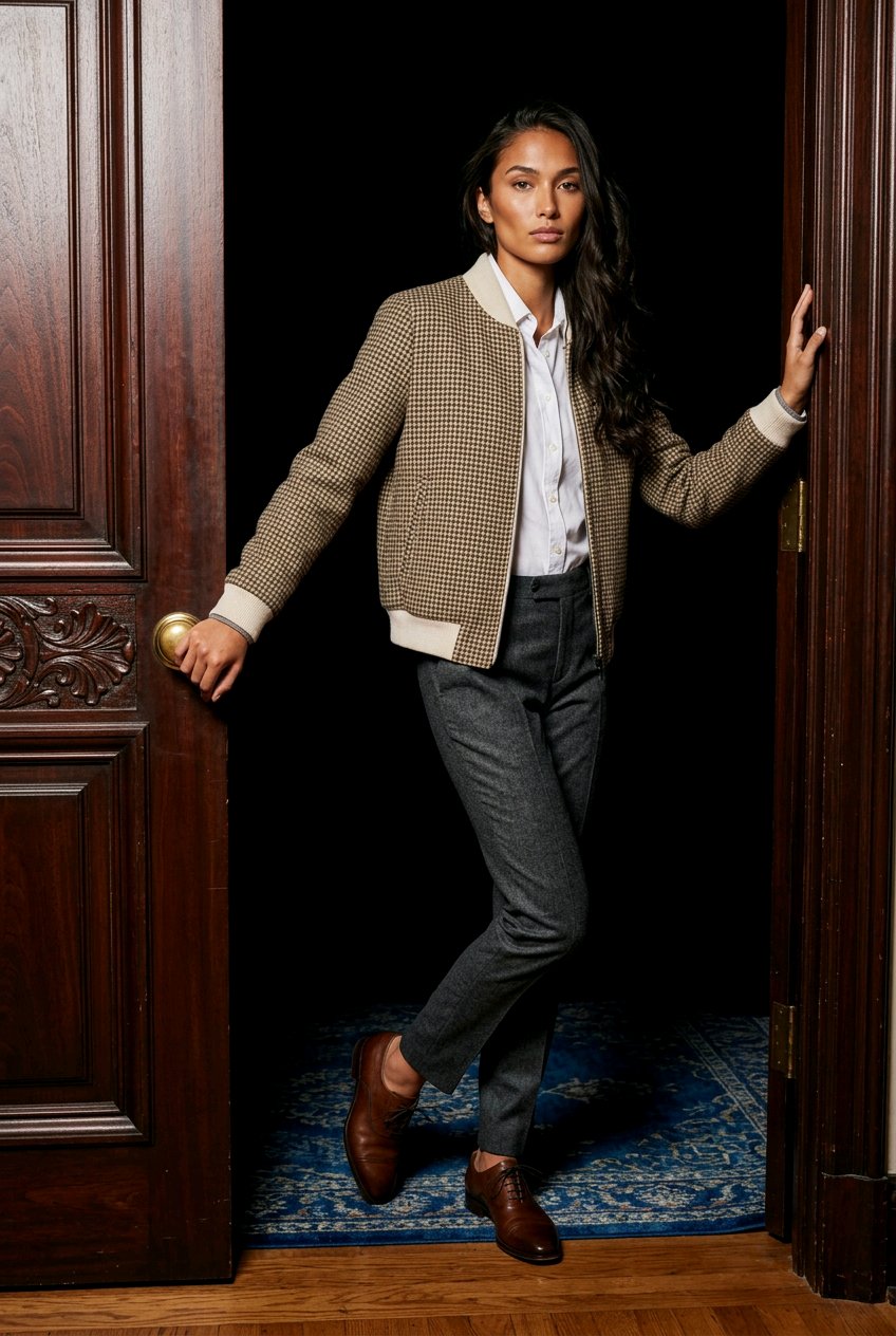 Ladies Tweed Bomber Jacket Black and white geometric