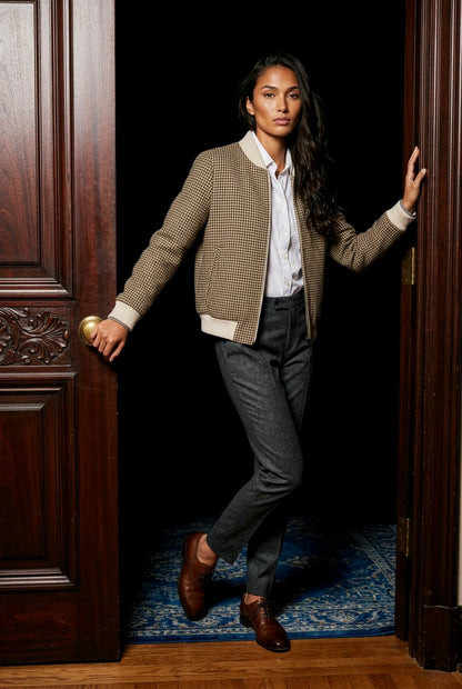 Ladies Tweed Bomber Jacket Black and white geometric