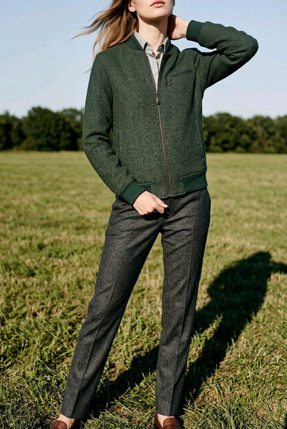 Ladies Tweed Bomber Jacket Green & navy wide herringbone.