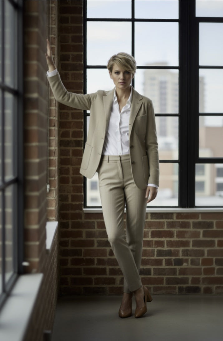 Ladies beige suit standing in front of a large window with a brick wall background
