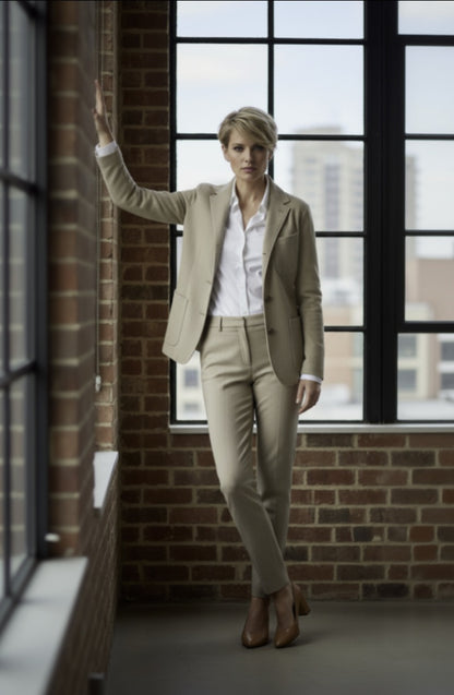 Ladies beige suit standing in front of a large window with a brick wall background