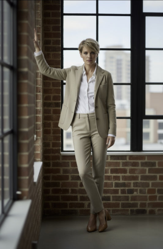 Ladies beige suit standing in front of a large window with a brick wall background