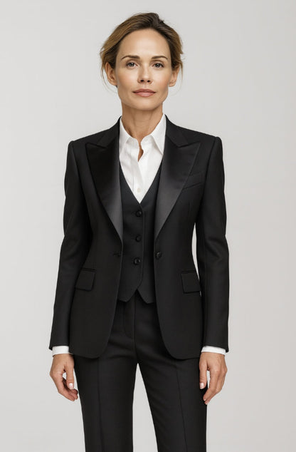 Ladies black suit with a white shirt on a light gray background