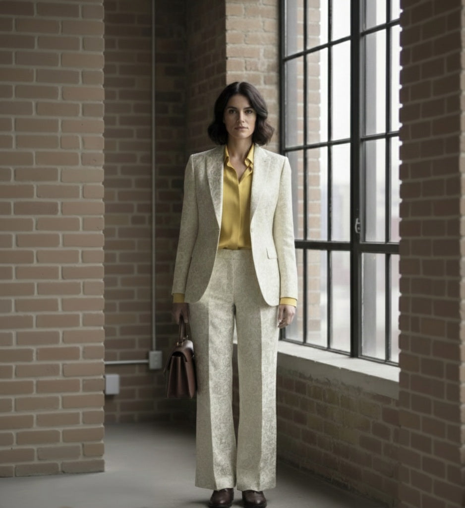 Ladies in a beige suit standing in a room with brick walls and large windows.