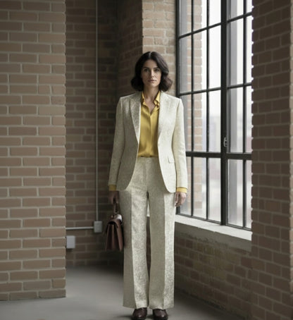 Ladies in a beige suit standing in a room with brick walls and large windows.