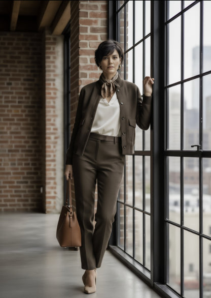 Ladies in a brown outfit standing by a large window with a brick wall background