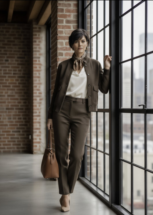 Ladies in a brown outfit standing by a large window with a brick wall background