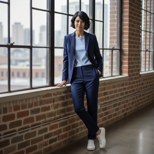 Ladies in a navy suit standing by a window with a brick wall background