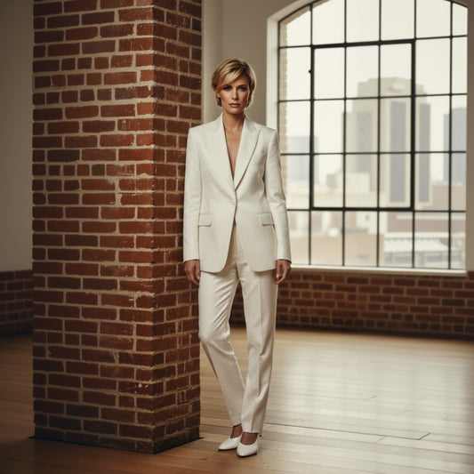 Ladies in a white suit standing in a room with brick walls and large 