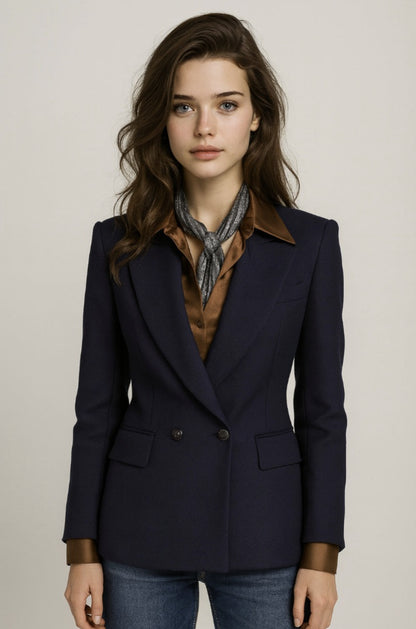 Ladies navy blazer over a patterned shirt with a neutral background