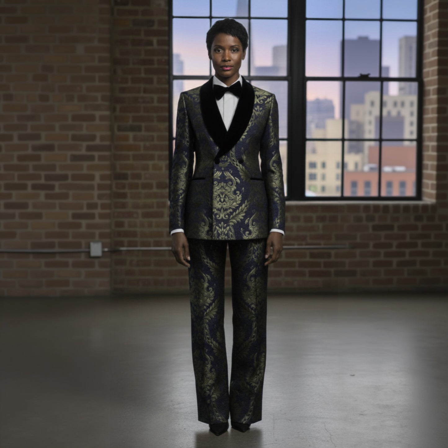 Ladies patterned suit with a black bow tie in an urban setting.