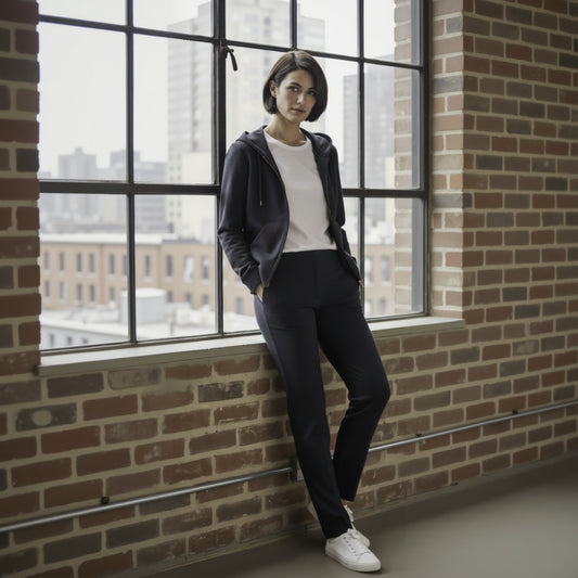 Ladies wearing a dark hoodie, white shirt, and black pants leaning against a brick wall with large windows in the background.