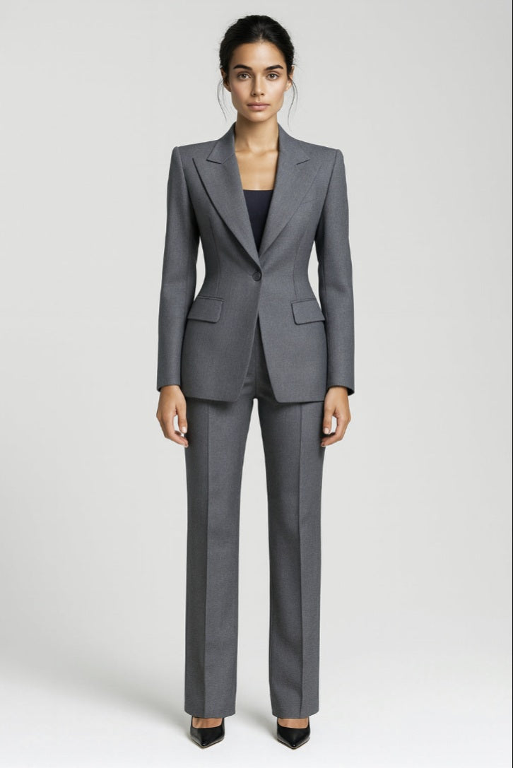 Ladies wearing a gray suit on a white background