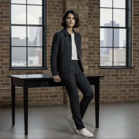 Ladies wearing a navy jacket and pants sitting on a bench in front of a brick wall with large windows.