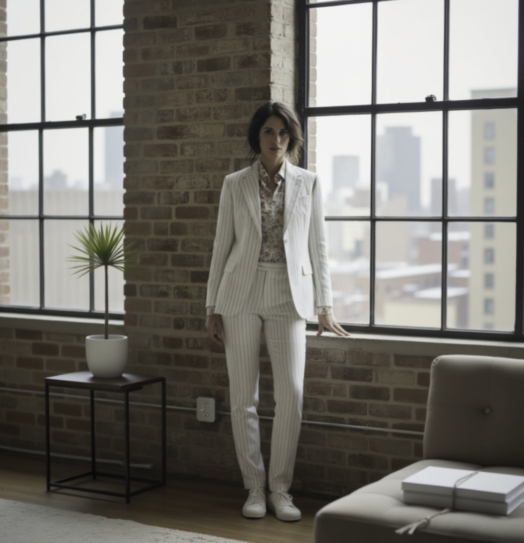 Ladies white pinstripe suit standing in a room with large windows and brick walls.