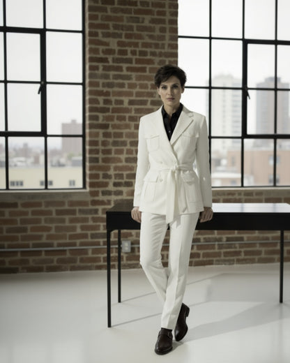 Ladies white suit standing in a room with large windows and brick walls.