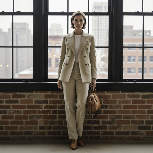 Woman in a beige suit standing in front of large windows with a brick wall background