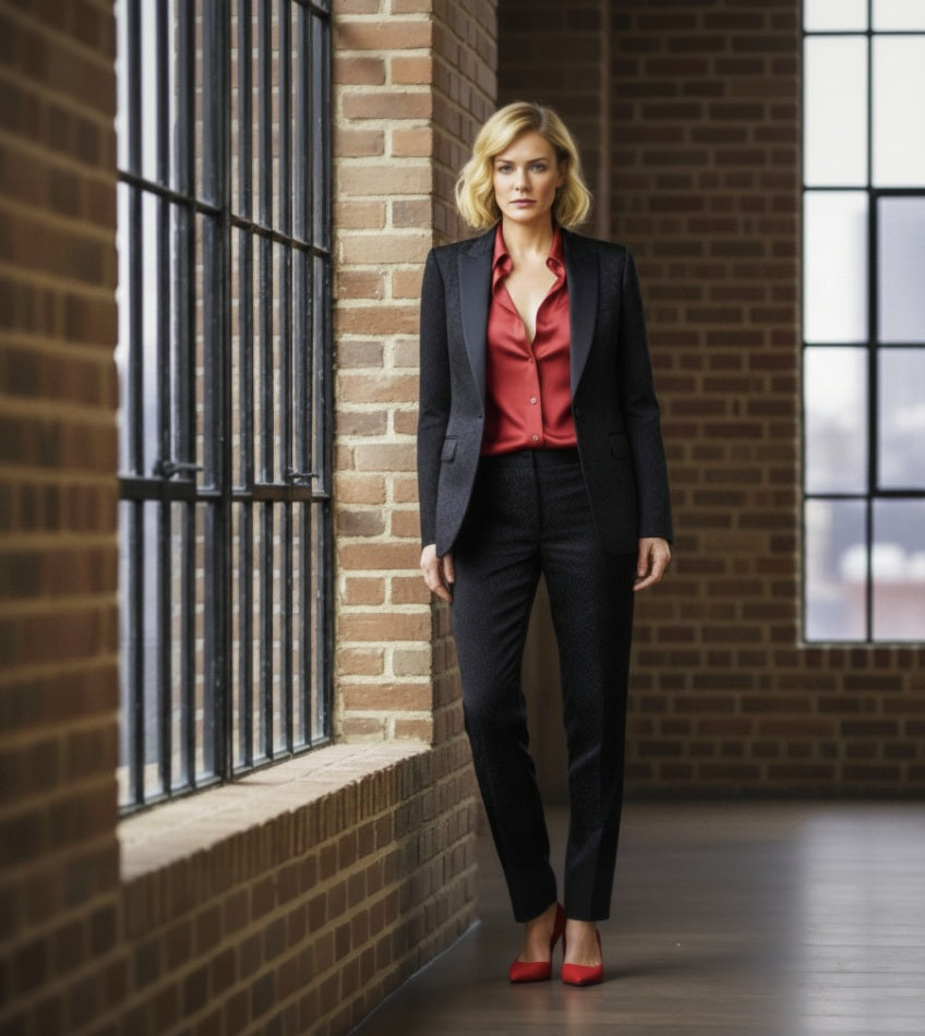 Lady in a black suit and red blouse standing in a room with brick walls and large windows.