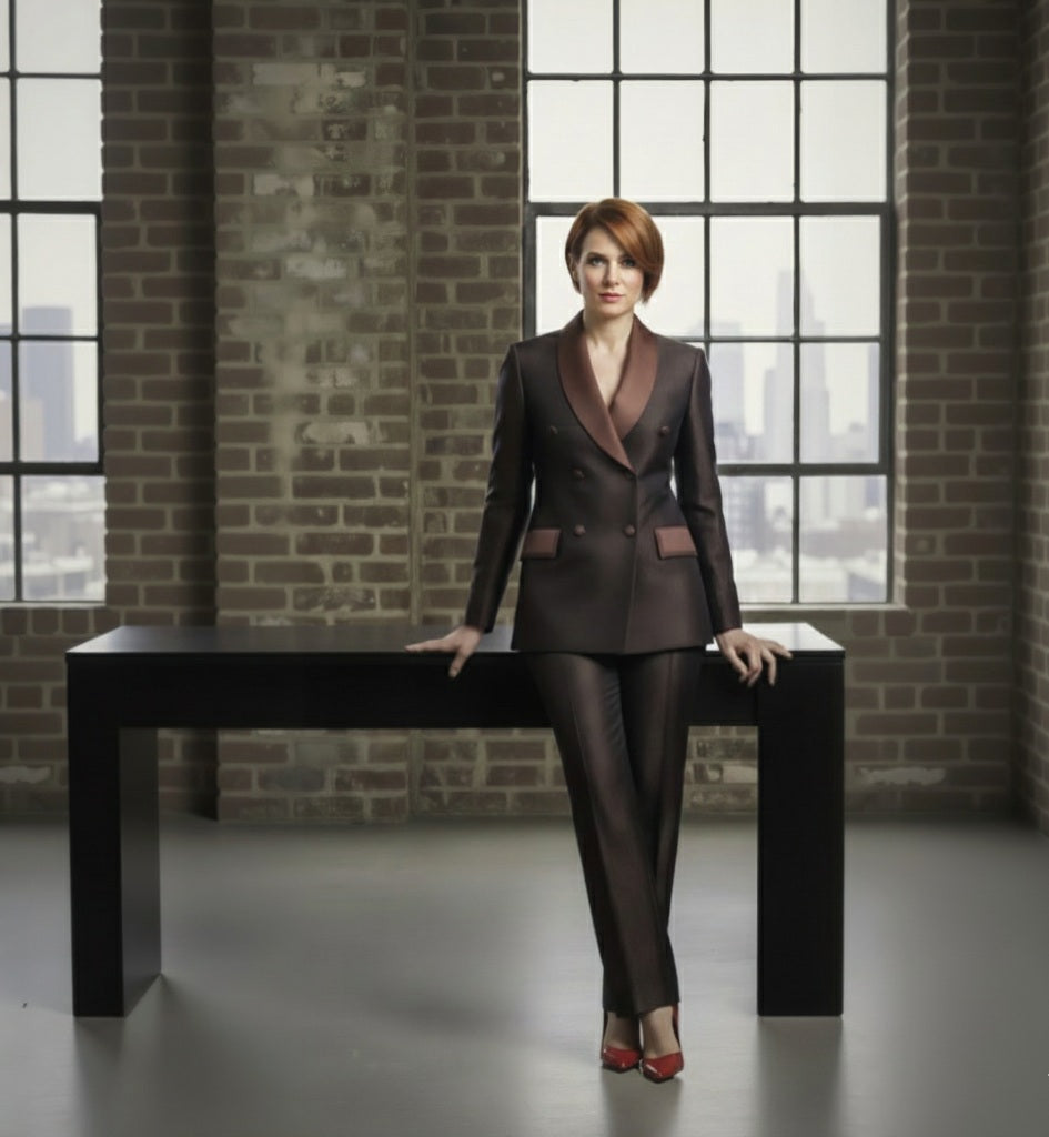 Lady in a brown suit standing on a black platform with a brick wall and window in the background