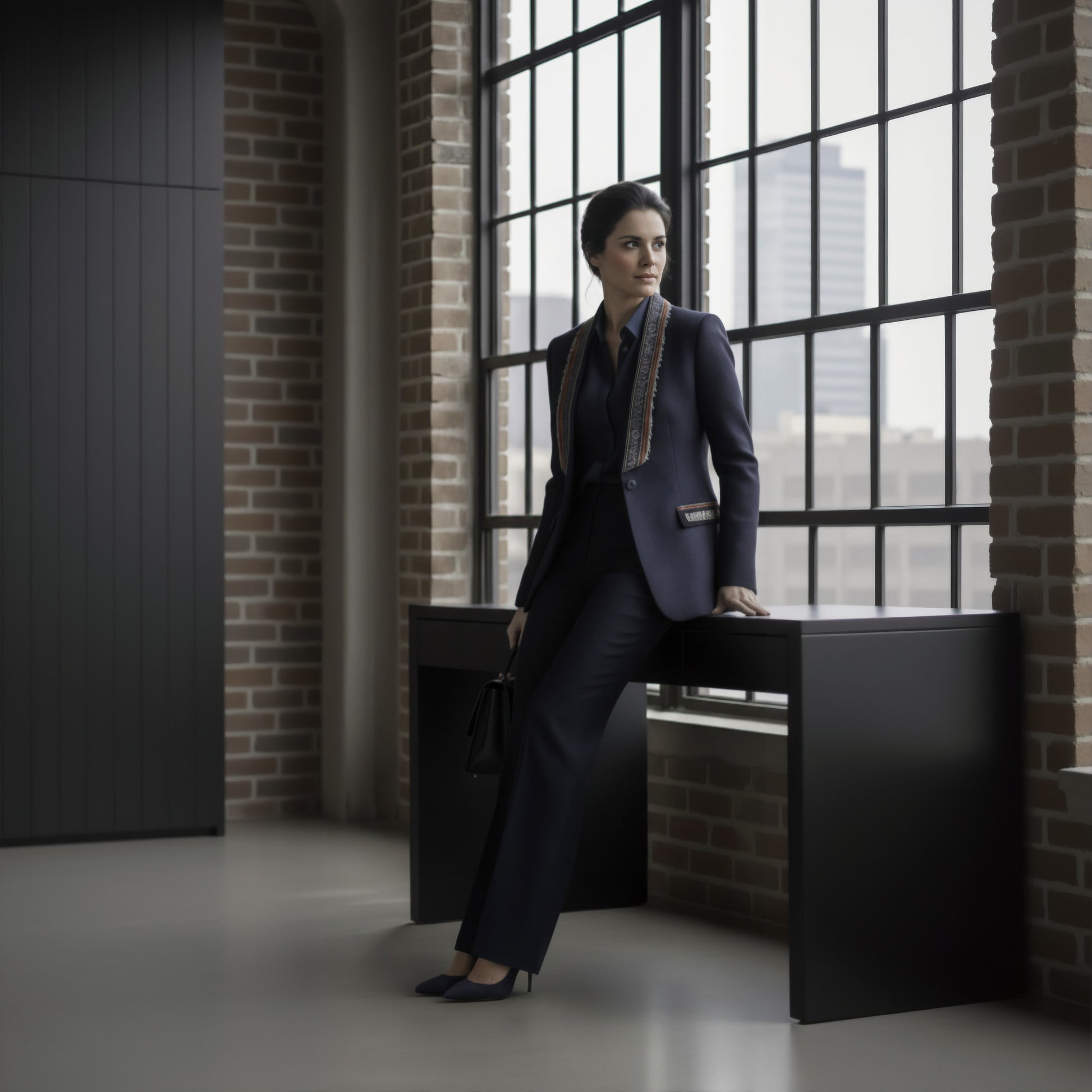 Lady in a dark suit sitting on a desk in a room with large windows and brick walls.