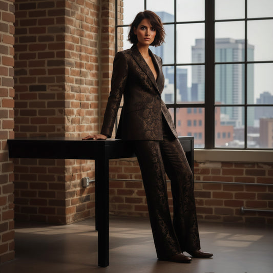 Lady in a dark suit standing in front of a large window with cityscape view.