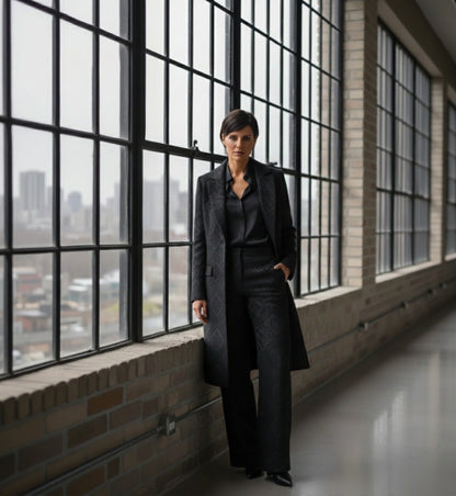 Lady in a dark suit standing in front of large windows with a brick wall background