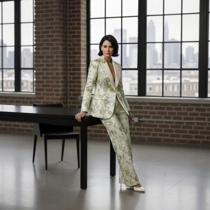 Lady in a floral suit sitting on a chair with a cityscape view through large windows.