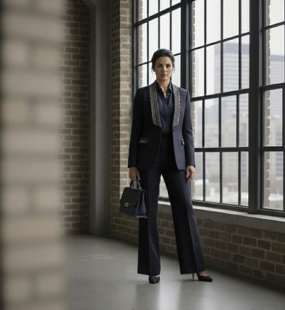 Lady in a formal outfit standing by a large window with a brick wall background