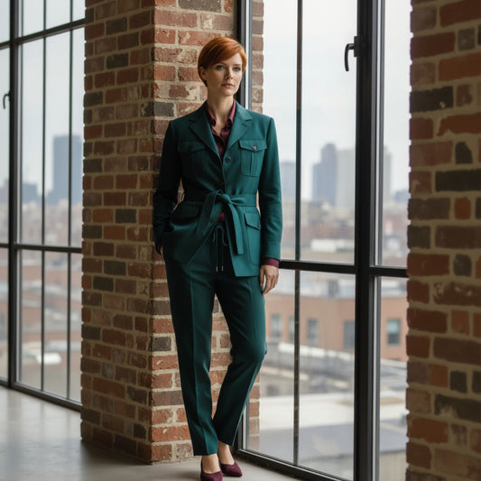 Lady in a green safari suit standing by a brick wall with large windows in an urban setting