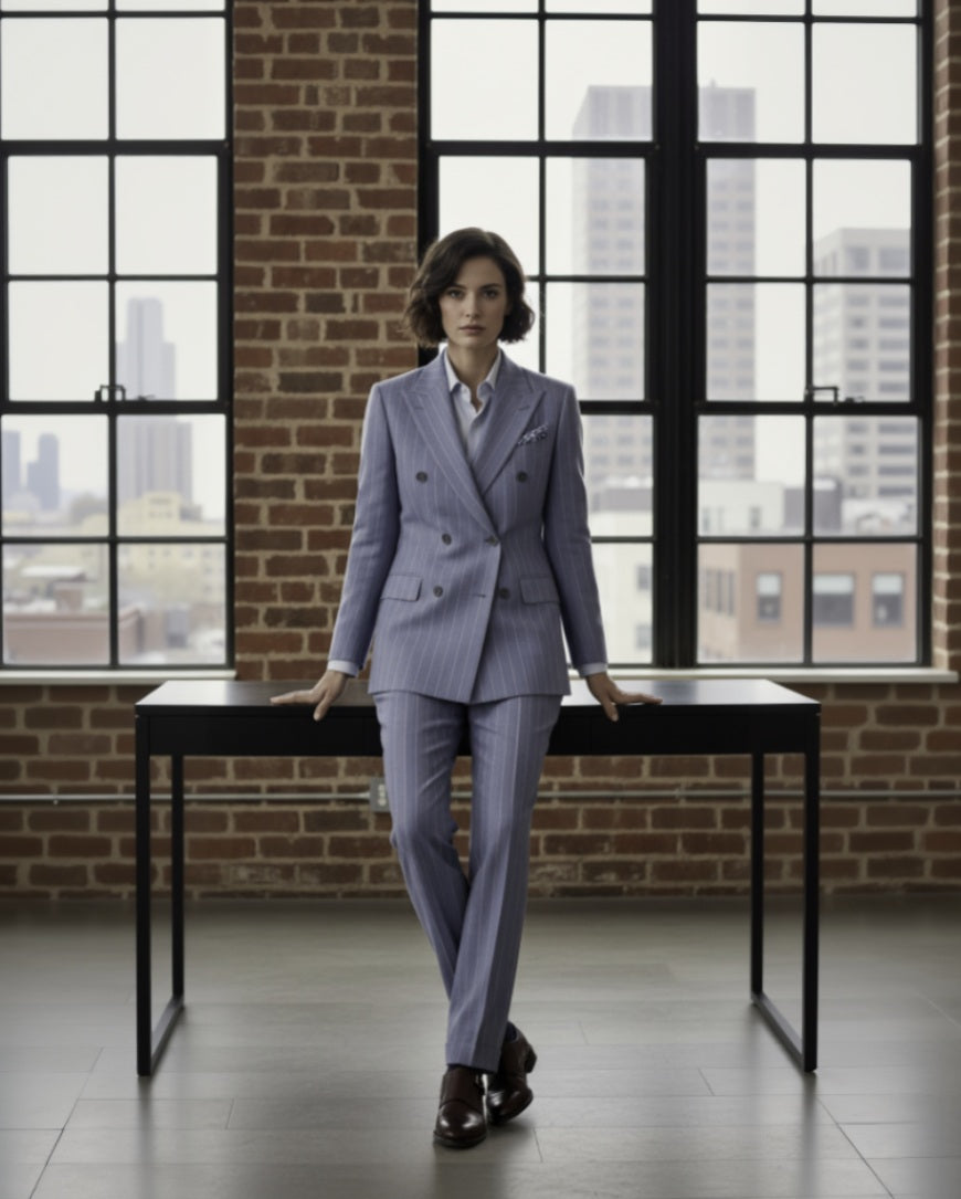 Lady in a light blue pinstripe  suit standing in front of large windows with a cityscape view.