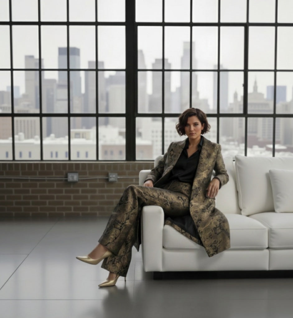 Lady in a patterned suit sitting on a white couch with a cityscape view through large windows.