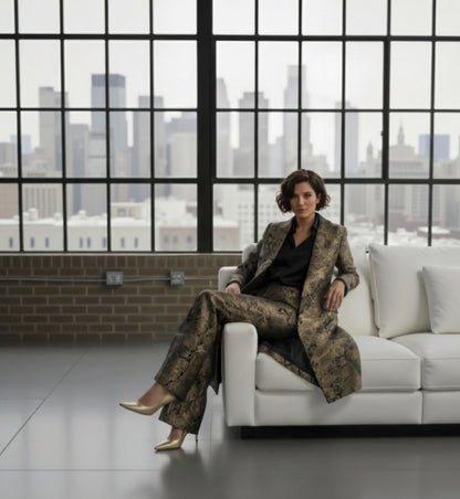 Lady in a patterned suit sitting on a white couch with a cityscape view through large windows.