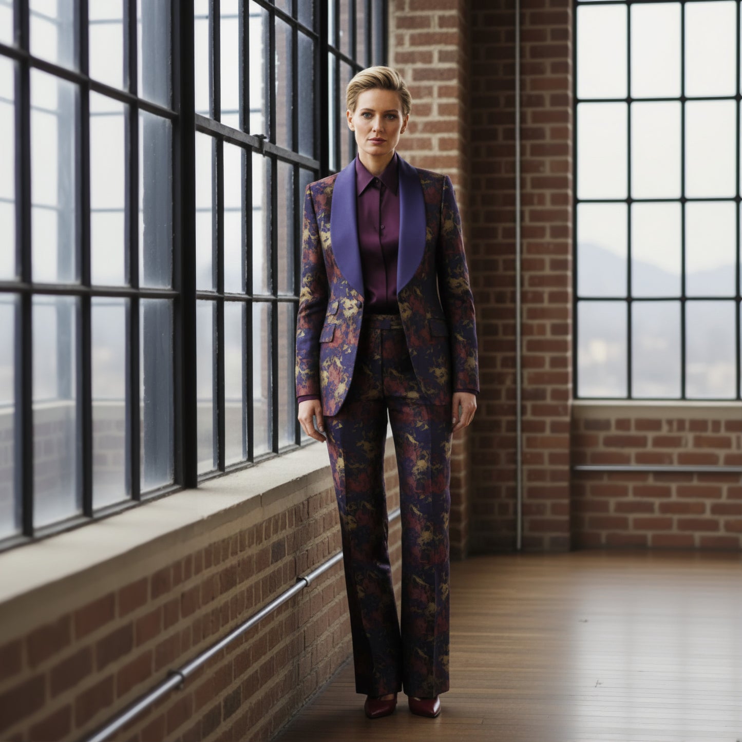  Lady in a patterned suit standing in a room with large windows and brick walls.