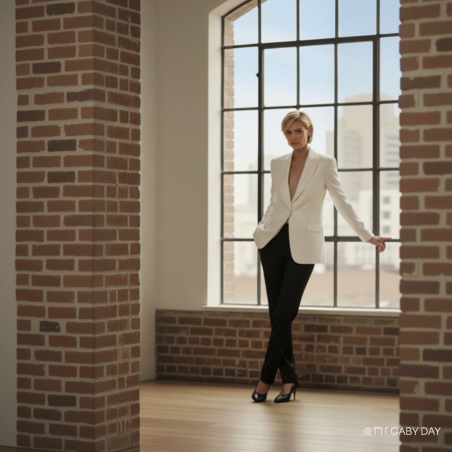 Lady in a white blazer and black pants standing by a large window with brick walls.