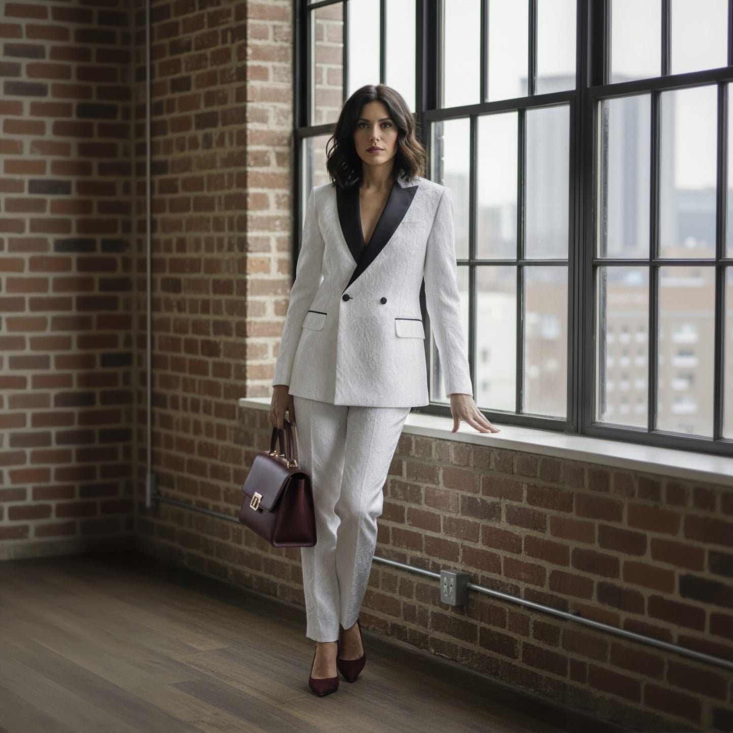 Lady in a white suit with black lapels standing by a window in an urban setting.