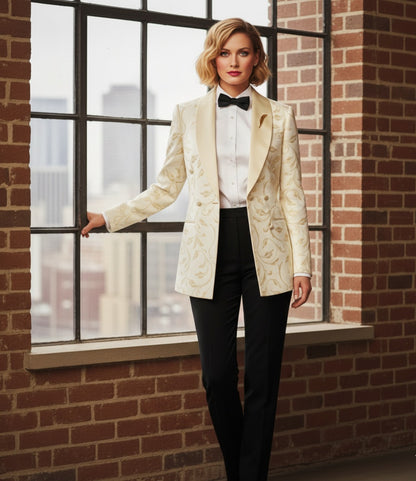 Lady in a white tuxedo standing in front of a large window with a cityscape view.