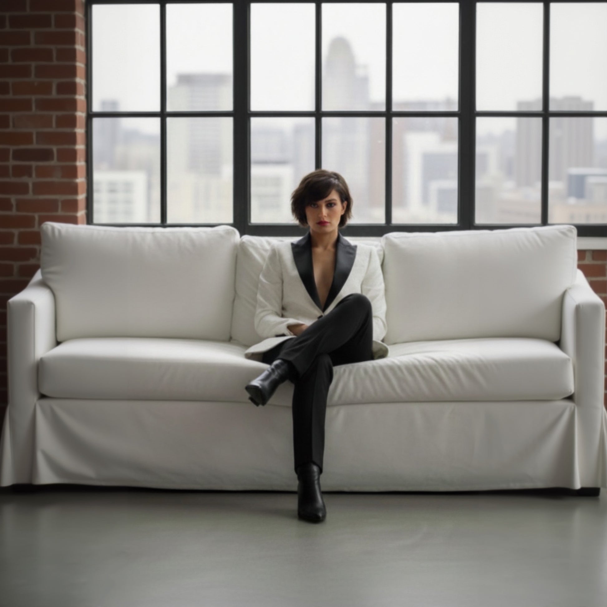 Lady sitting on a white couch in a room with large windows and cityscape view.