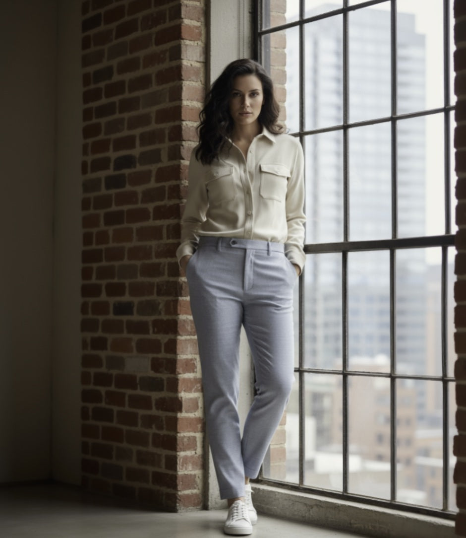 Lady standing by a window with a brick wall in the background