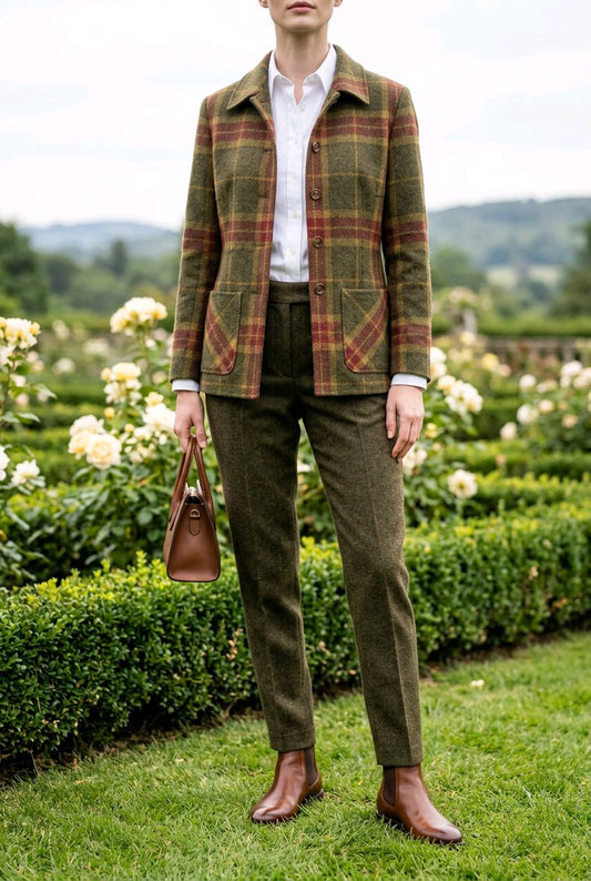Lady_stands_in_a_landscaped_garden_wearing_a_green_and_brown_plaid_overshirt_with_a_white_shirt_olive_green_tweed_trousers_and_brown_leather_boots_while_holding_a_brown_leather_handbag.