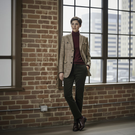 Lady wearing a beige blazer and dark pants standing against a brick wall with large windows.