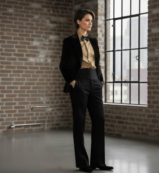 Lady wearing a black suit and bow tie standing in a room with brick walls and large windows.