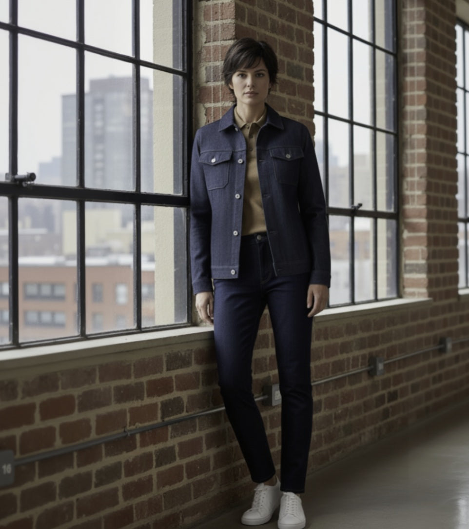 Lady wearing a dark jacket and pants standing in front of large windows with a cityscape view.