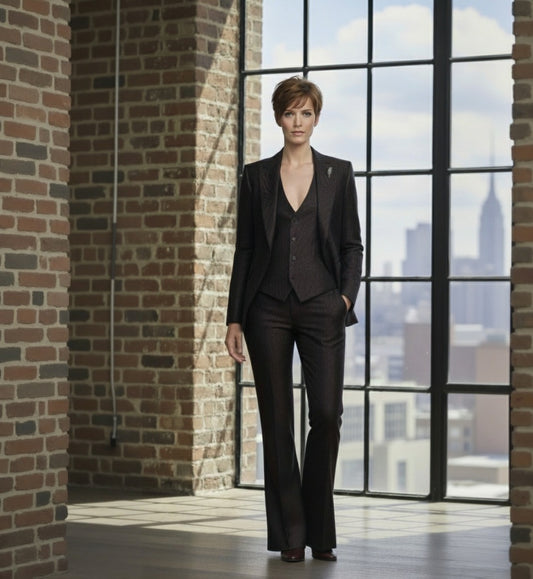 Lady wearing a dark suit standing in front of a large window with a cityscape view.