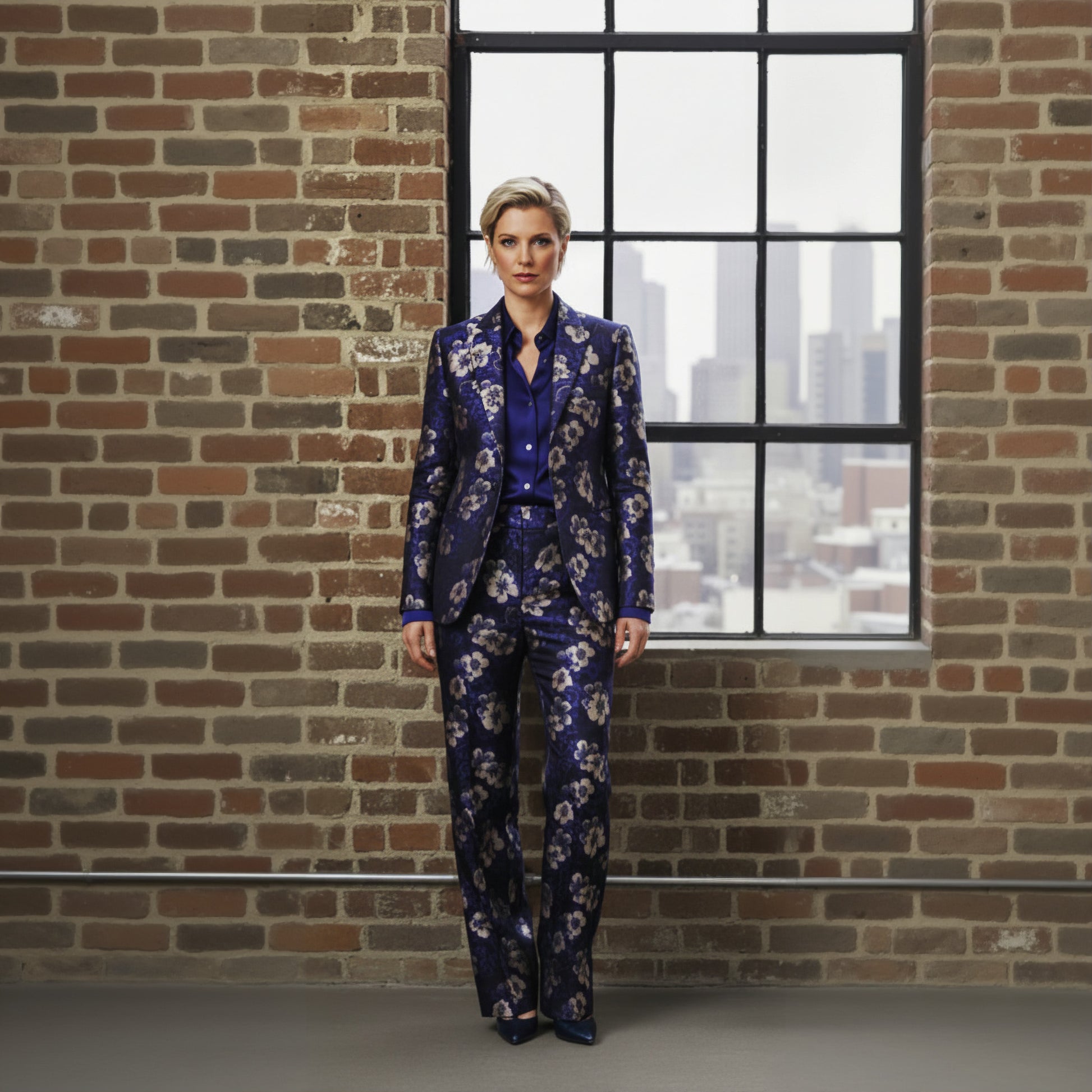 Lady wearing a floral pink and navy suit standing against a brick wall with a window 