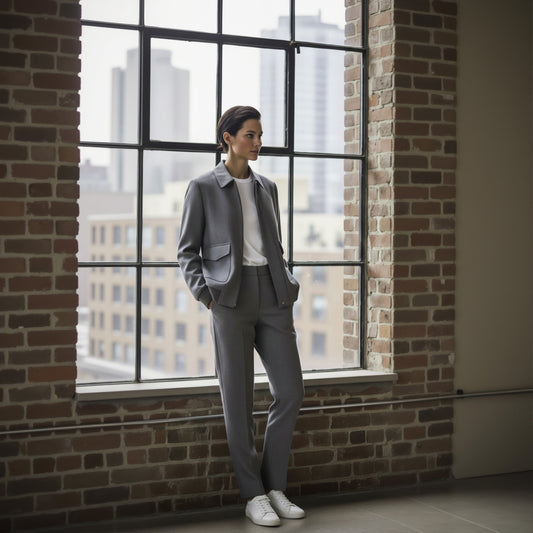 Lady wearing a grey suit standing by a large window with a brick wall background