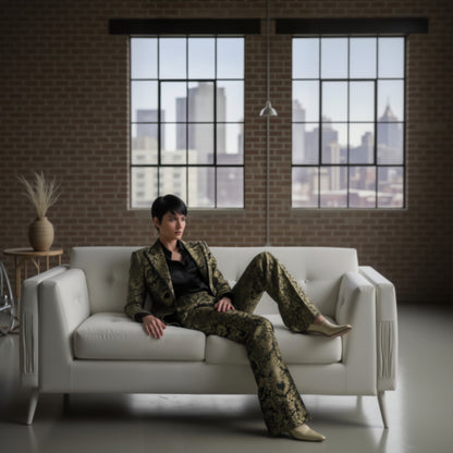 Lady wearing a patterned outfit sitting on a white couch with large windows and cityscape in the background.
